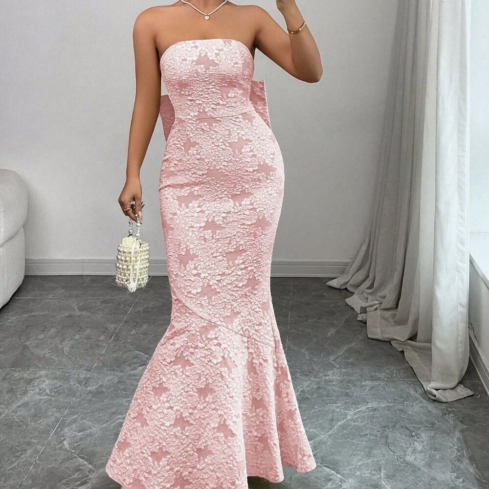 Pink Women's Party Floral Embossed Mermaid Bandeau Dress